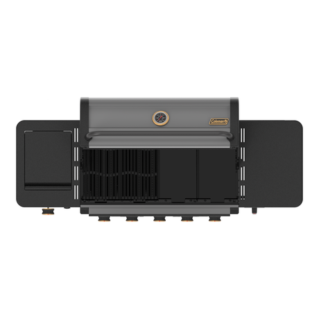 Coleman Revolution 5-Burner Gas BBQ from above, lid open, flare-free grates and cast hotplate